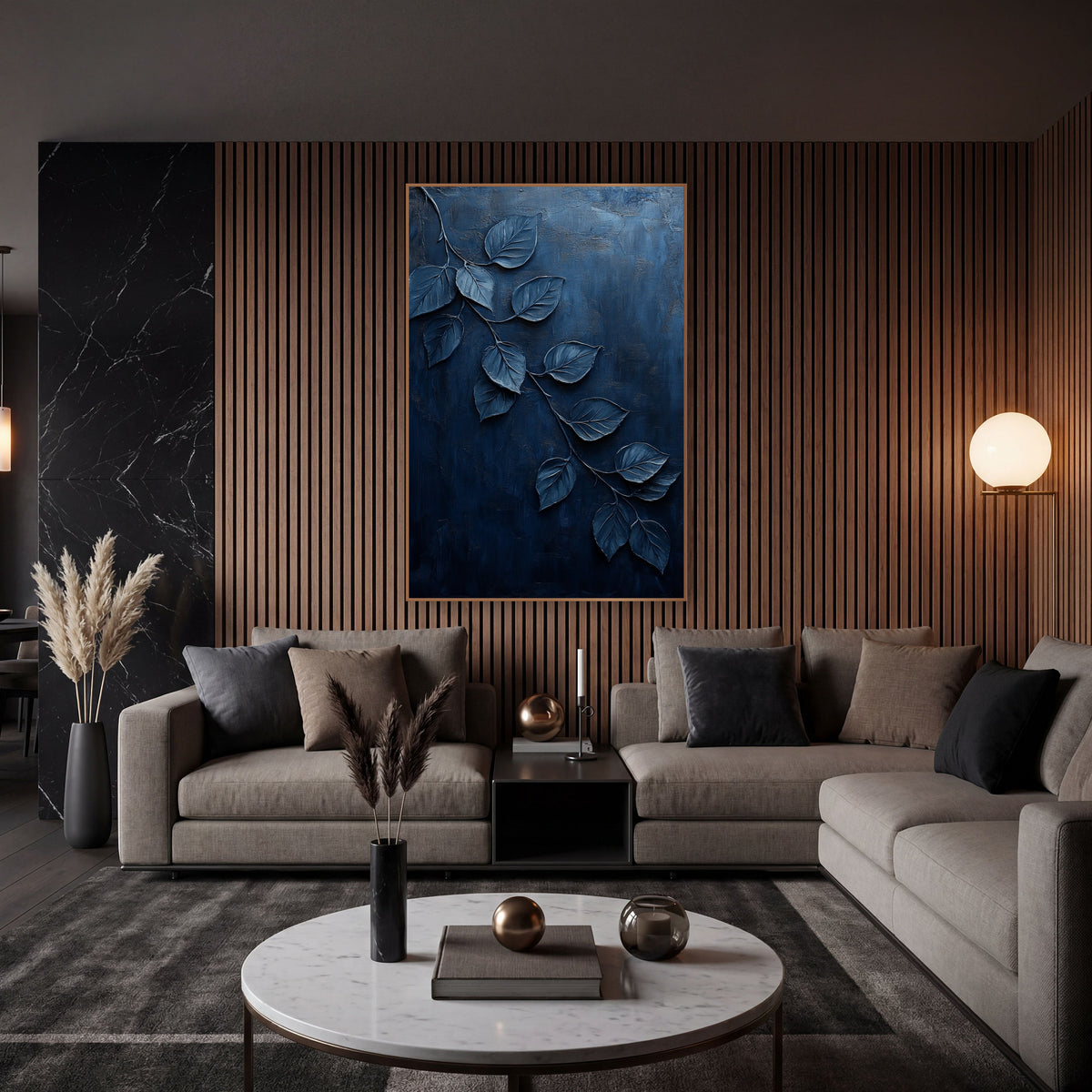 Navy Cascading Leaves Botanical wall art in an elegant modern room – cascading branch of veined leaves with pale edges
