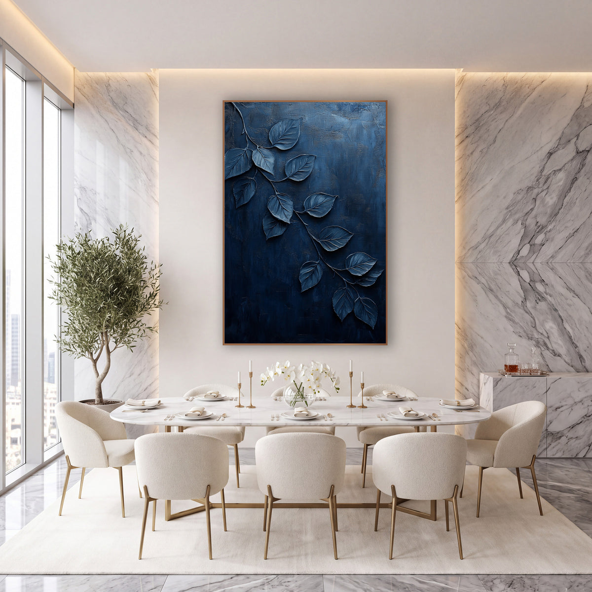 Navy Cascading Leaves Botanical wall art in an elegant modern room – cascading branch of veined leaves with pale edges