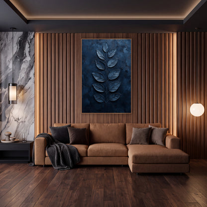 Navy Paired Leaf Stem Luxe wall art in an elegant modern room – upright stem with ten paired steel-blue leaves