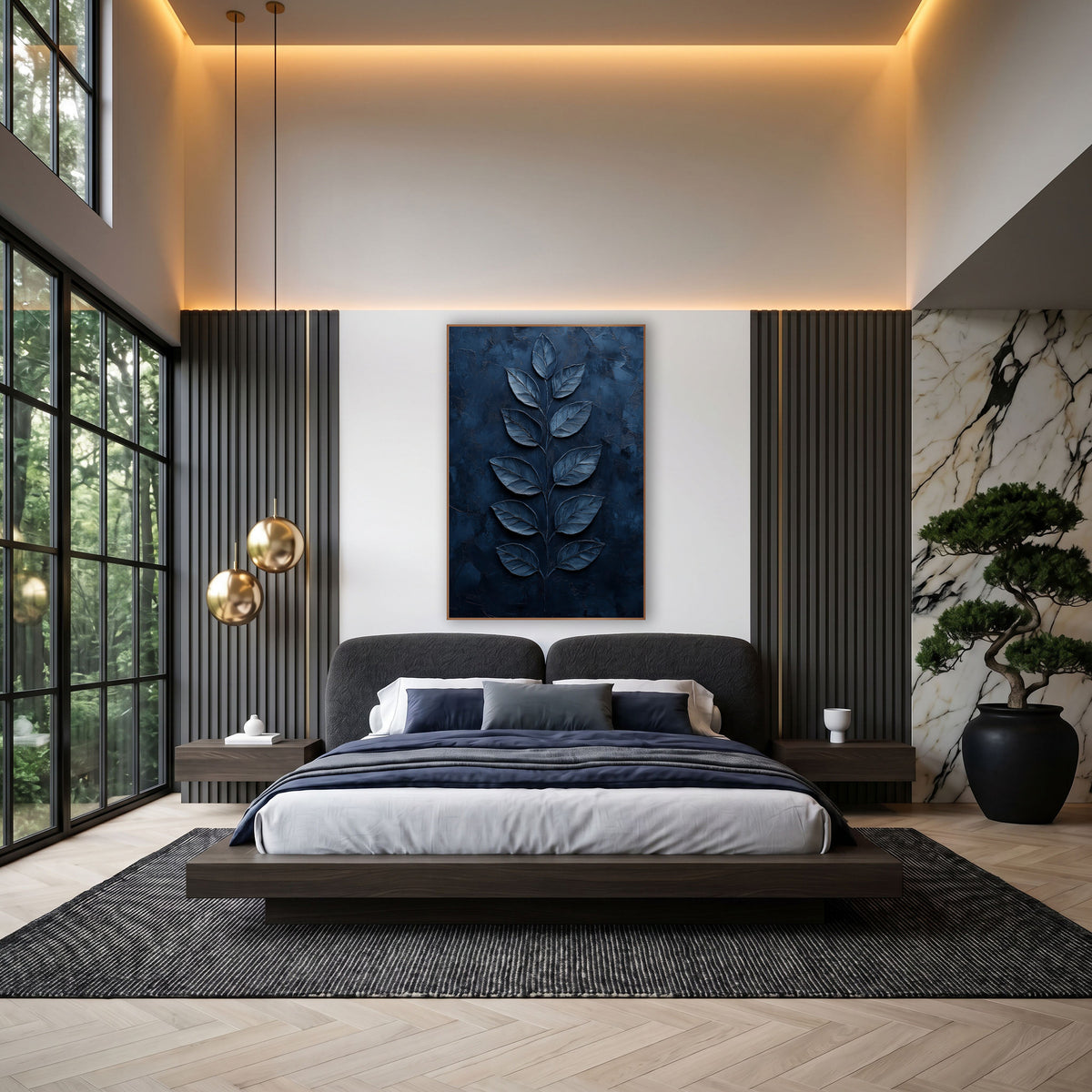 Navy Paired Leaf Stem Luxe wall art in an elegant modern room – upright stem with ten paired steel-blue leaves