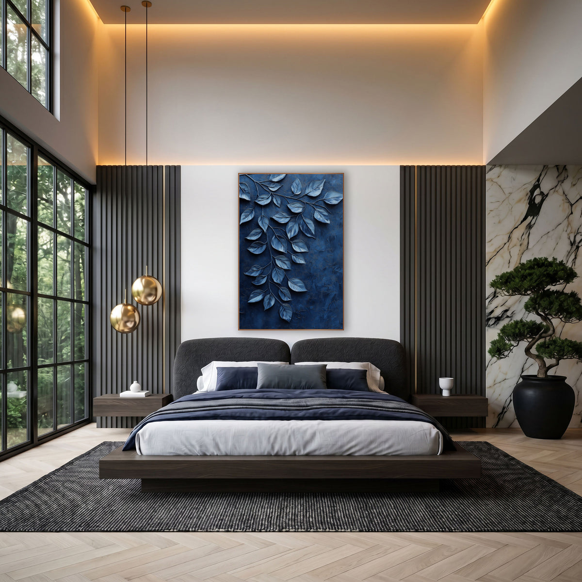 Navy Cascading Leaves Luxury Botanical wall art in an elegant modern room – branch of silvery blue leaves trailing