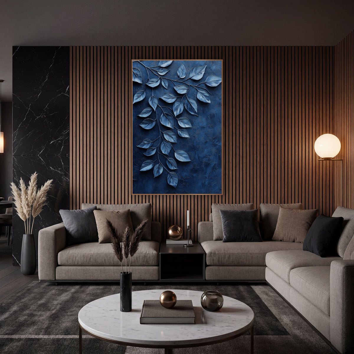 Navy Cascading Leaves Luxury Botanical wall art in an elegant modern room – branch of silvery blue leaves trailing