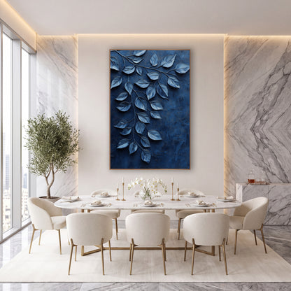 Navy Cascading Leaves Luxury Botanical wall art in an elegant modern room – branch of silvery blue leaves trailing