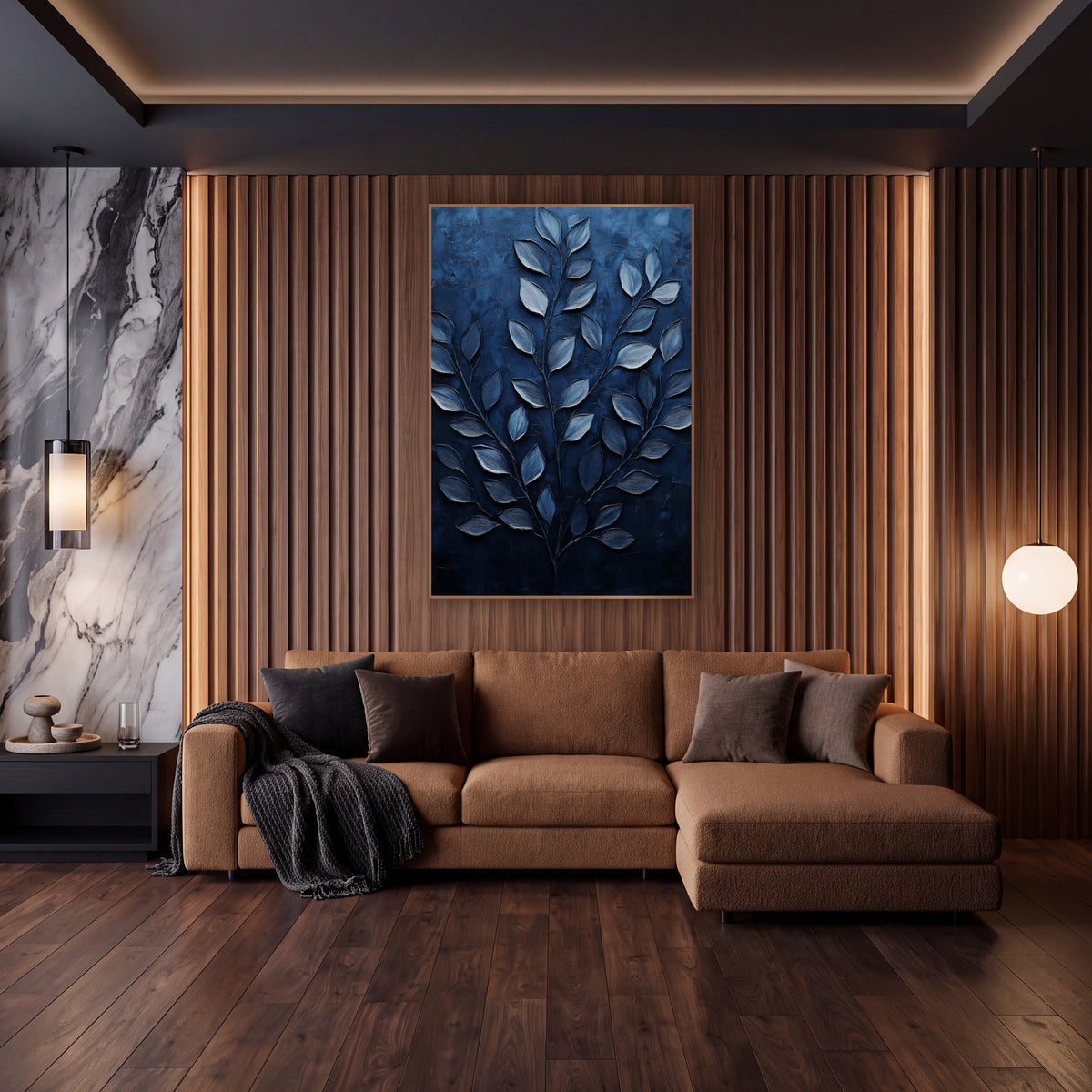 Navy Leafy Branch Botanical Luxe wall art in an elegant modern room – silvery-blue leaves on three slender branches