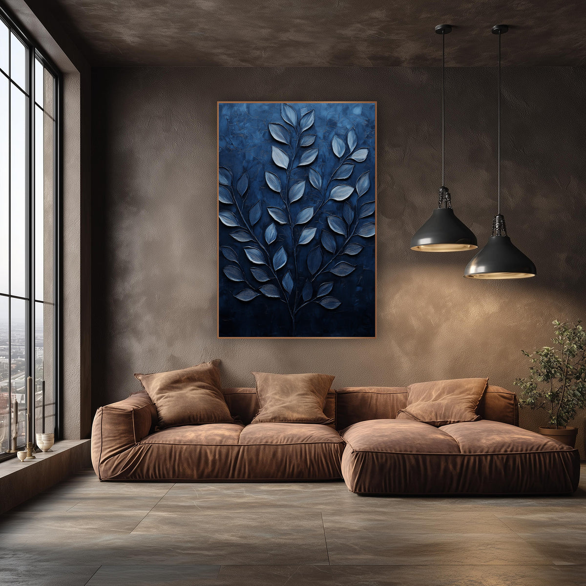 Navy Leafy Branch Botanical Luxe wall art in an elegant modern room – silvery-blue leaves on three slender branches