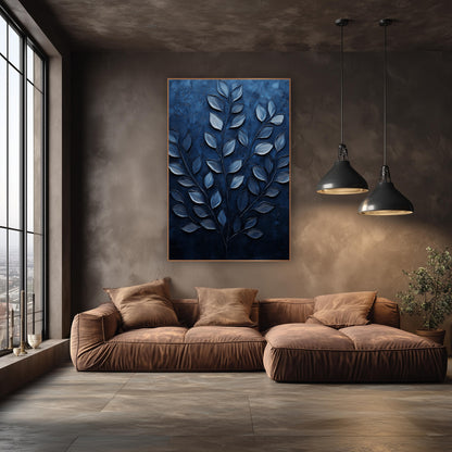 Navy Leafy Branch Botanical Luxe wall art in an elegant modern room – silvery-blue leaves on three slender branches