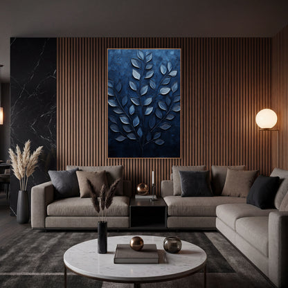 Navy Leafy Branch Botanical Luxe wall art in an elegant modern room – silvery-blue leaves on three slender branches