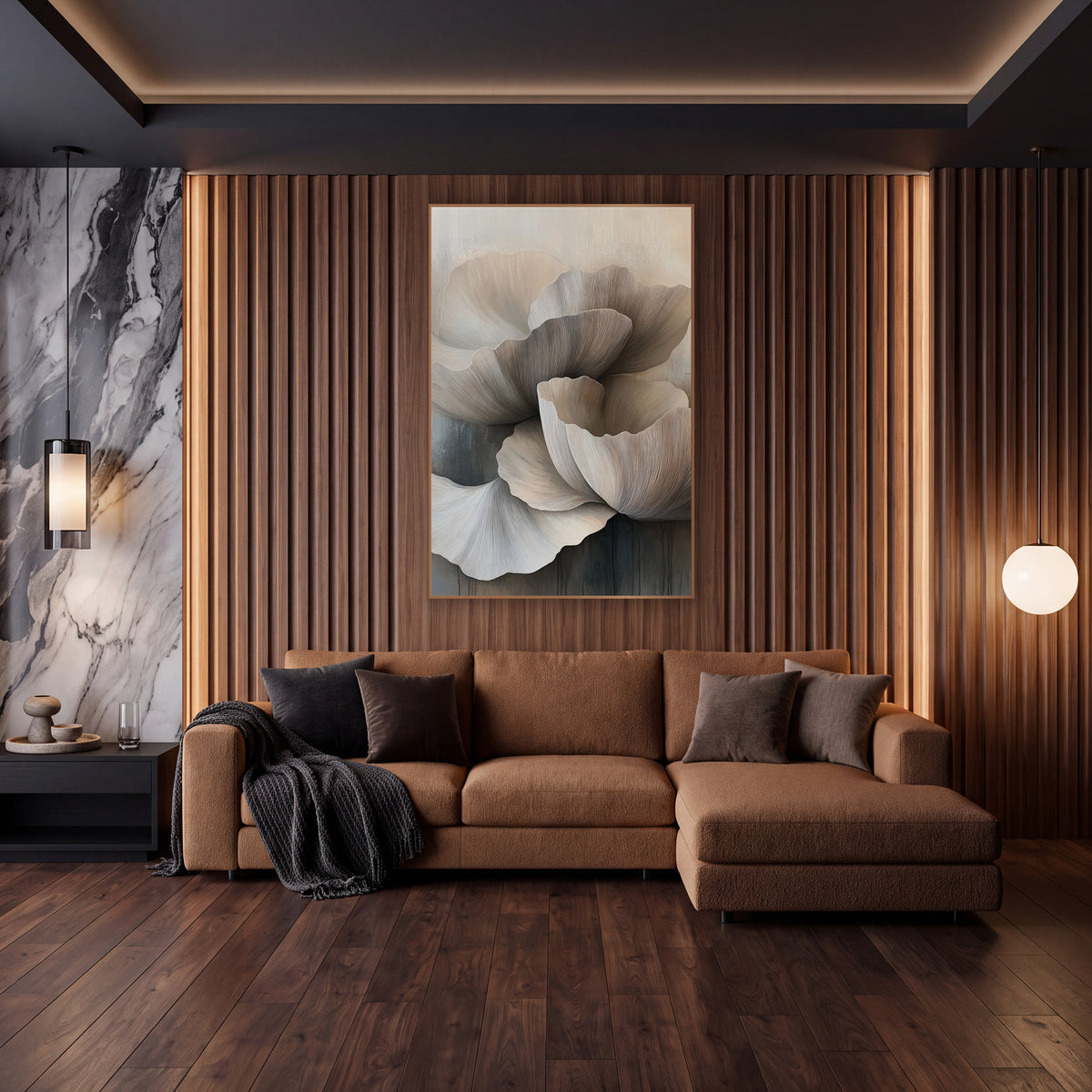 Cascading Taupe Petal Abstract wall art in an elegant modern room – large overlapping cream and taupe petals with fine