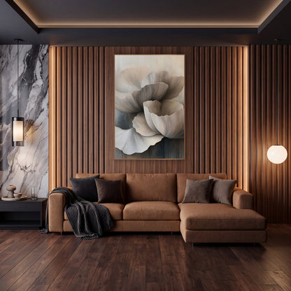 Cascading Taupe Petal Abstract wall art in an elegant modern room – large overlapping cream and taupe petals with fine