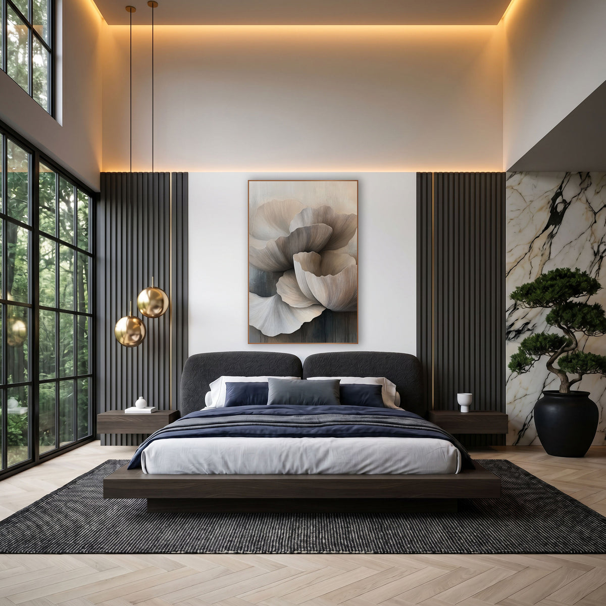 Cascading Taupe Petal Abstract wall art in an elegant modern room – large overlapping cream and taupe petals with fine