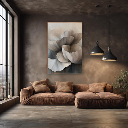 Cascading Taupe Petal Abstract wall art in an elegant modern room – large overlapping cream and taupe petals with fine