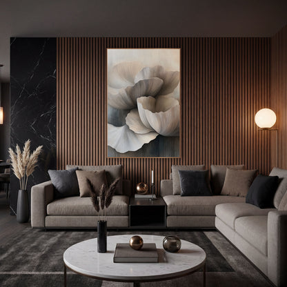 Cascading Taupe Petal Abstract wall art in an elegant modern room – large overlapping cream and taupe petals with fine