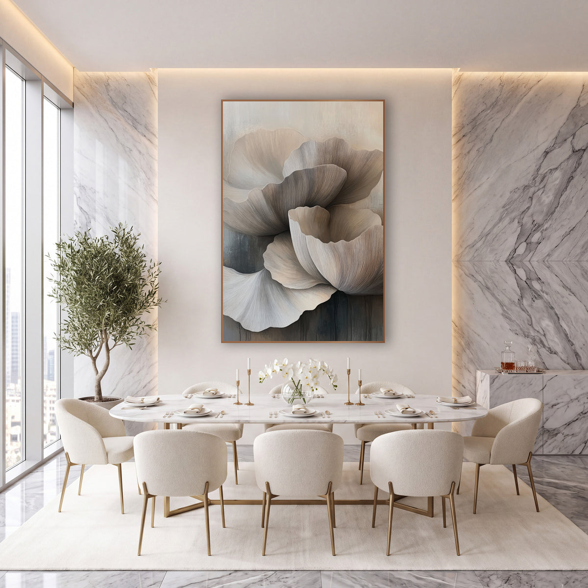 Cascading Taupe Petal Abstract wall art in an elegant modern room – large overlapping cream and taupe petals with fine