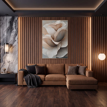 Blush Layered Petal Bloom Contemporary wall art in an elegant modern room – large layered flower with ruffled blush