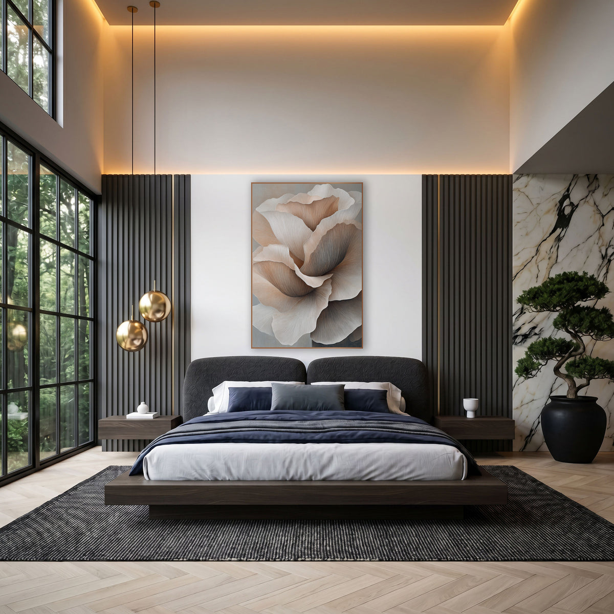 Blush Layered Petal Bloom Contemporary wall art in an elegant modern room – large layered flower with ruffled blush