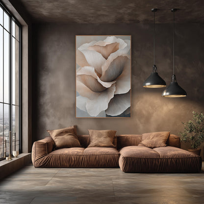 Blush Layered Petal Bloom Contemporary wall art in an elegant modern room – large layered flower with ruffled blush