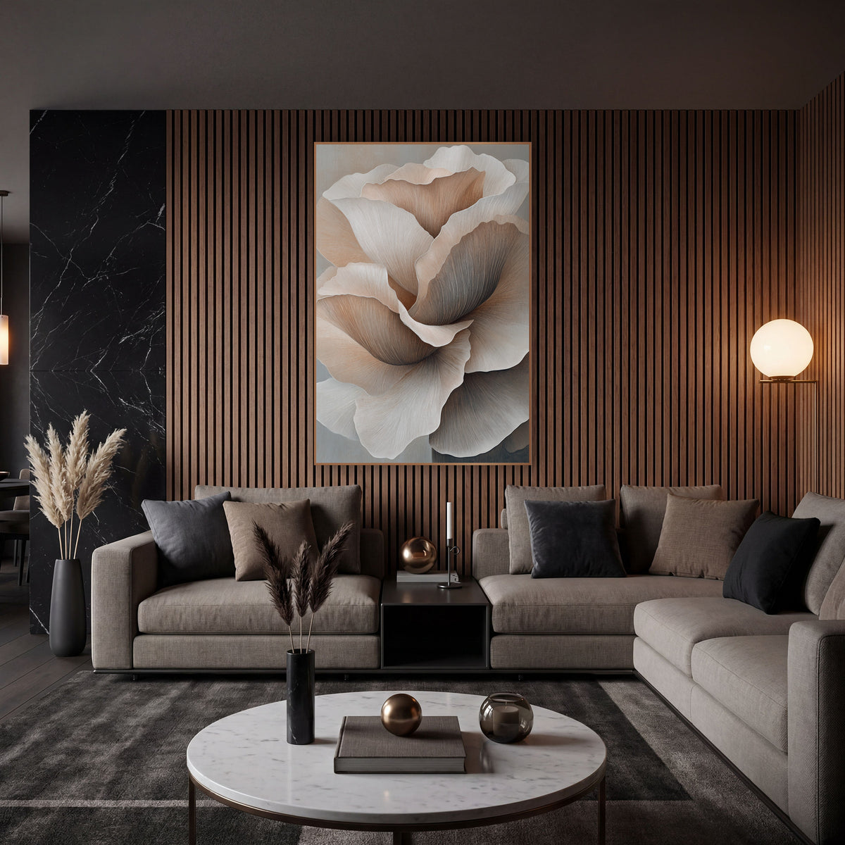 Blush Layered Petal Bloom Contemporary wall art in an elegant modern room – large layered flower with ruffled blush