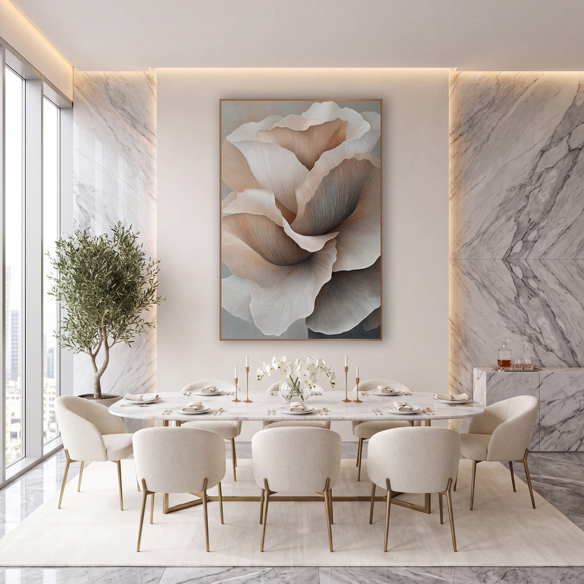 Blush Layered Petal Bloom Contemporary wall art in an elegant modern room – large layered flower with ruffled blush