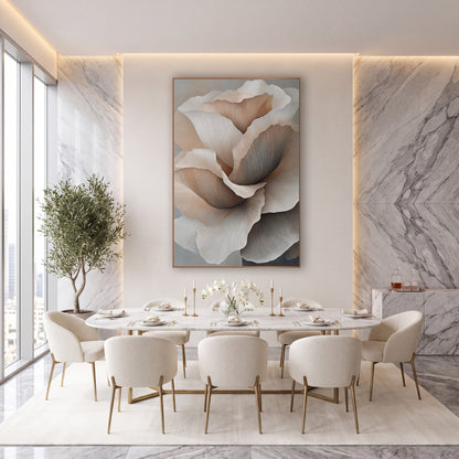 Blush Layered Petal Bloom Contemporary wall art in an elegant modern room – large layered flower with ruffled blush