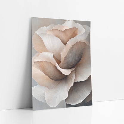Blush Layered Petal Bloom Contemporary art print leaning against a white wall – large layered flower with ruffled blush
