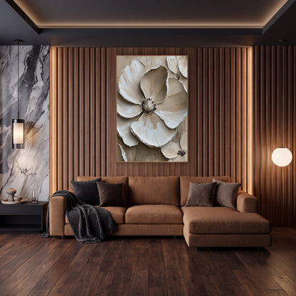 Cream Layered Petal Bloom Contemporary wall art in an elegant modern room – large cream and ivory flower