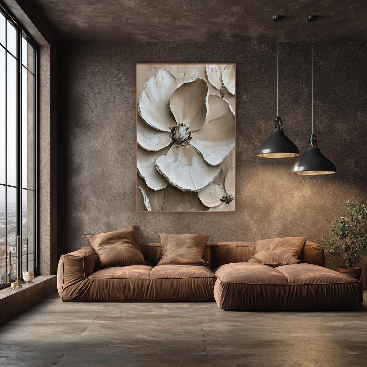 Cream Layered Petal Bloom Contemporary wall art in an elegant modern room – large cream and ivory flower
