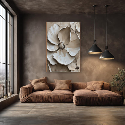 Cream Layered Petal Bloom Contemporary wall art in an elegant modern room – large cream and ivory flower