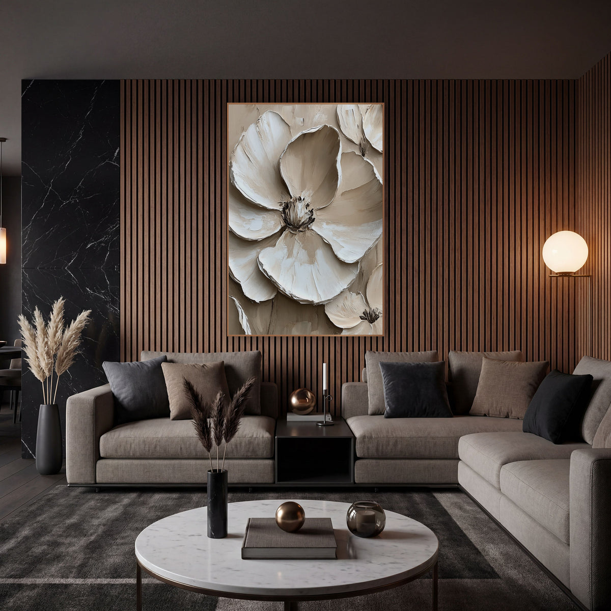 Cream Layered Petal Bloom Contemporary wall art in an elegant modern room – large cream and ivory flower