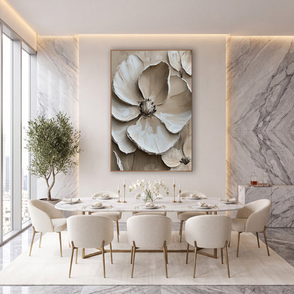 Cream Layered Petal Bloom Contemporary wall art in an elegant modern room – large cream and ivory flower