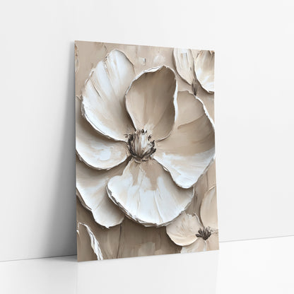 Cream Layered Petal Bloom Contemporary art print leaning against a white wall – large cream and ivory flower with overlapping