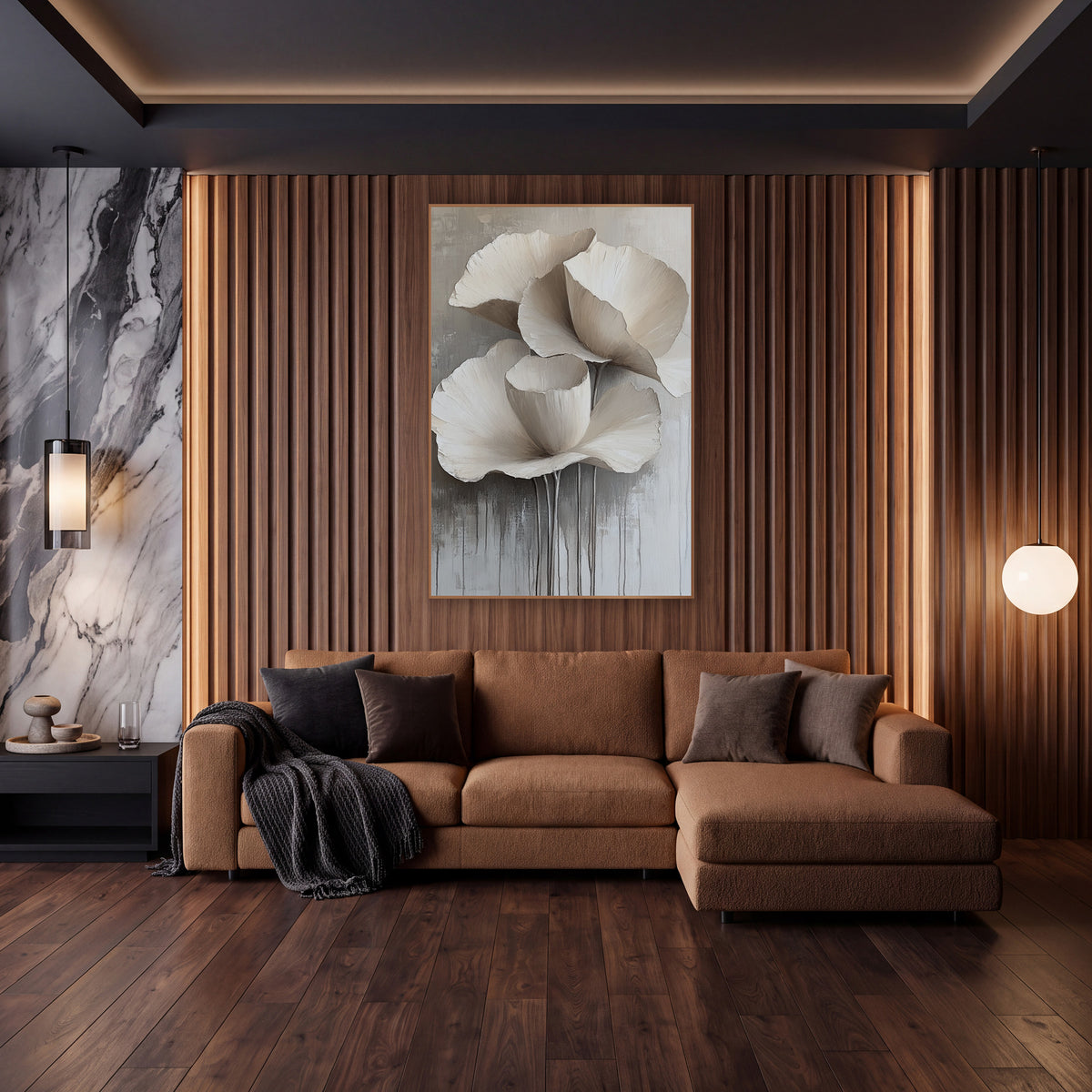 Ivory Cascading Petal Floral Contemporary wall art in an elegant modern room – three large ivory flowers with ruffled