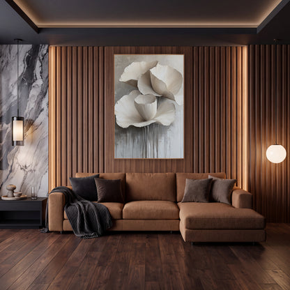 Ivory Cascading Petal Floral Contemporary wall art in an elegant modern room – three large ivory flowers with ruffled
