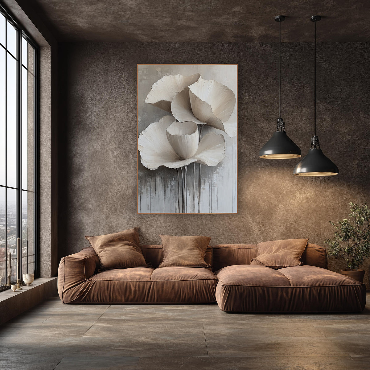 Ivory Cascading Petal Floral Contemporary wall art in an elegant modern room – three large ivory flowers with ruffled