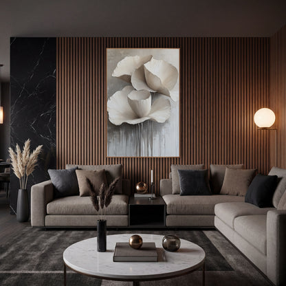 Ivory Cascading Petal Floral Contemporary wall art in an elegant modern room – three large ivory flowers with ruffled