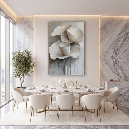 Ivory Cascading Petal Floral Contemporary wall art in an elegant modern room – three large ivory flowers with ruffled