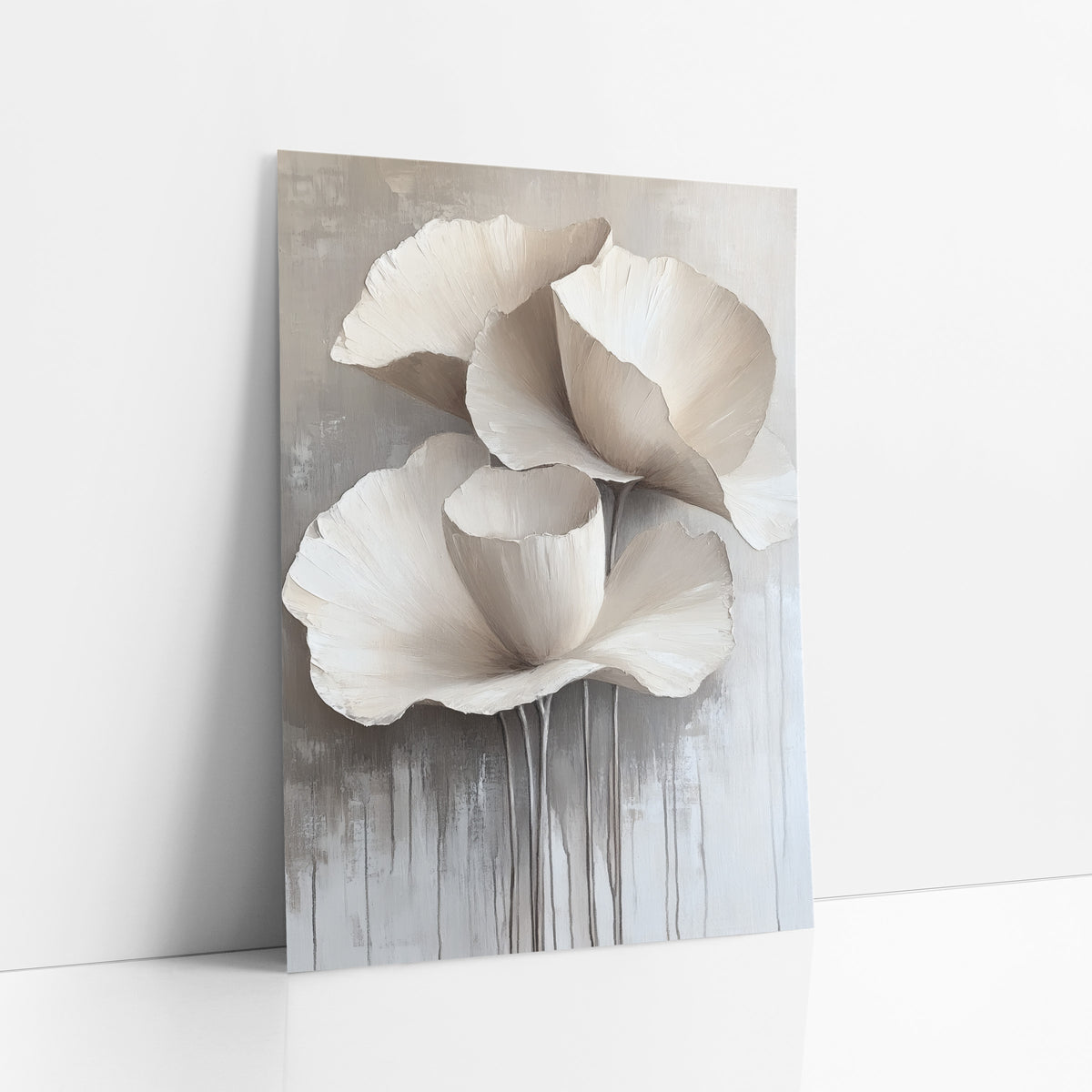Ivory Cascading Petal Floral Contemporary art print leaning against a white wall – three large ivory flowers with ruffled
