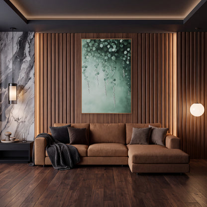 Cascading Pearl Vine Botanical Luxe wall art in an elegant modern room – hanging green vines with rounded leaves