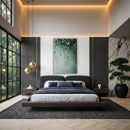 Cascading Pearl Vine Botanical Luxe wall art in an elegant modern room – hanging green vines with rounded leaves