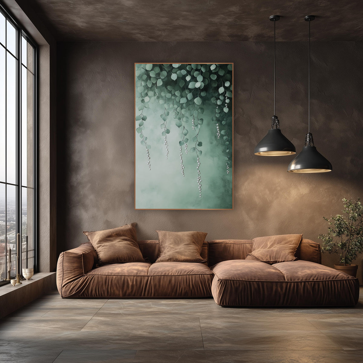 Cascading Pearl Vine Botanical Luxe wall art in an elegant modern room – hanging green vines with rounded leaves