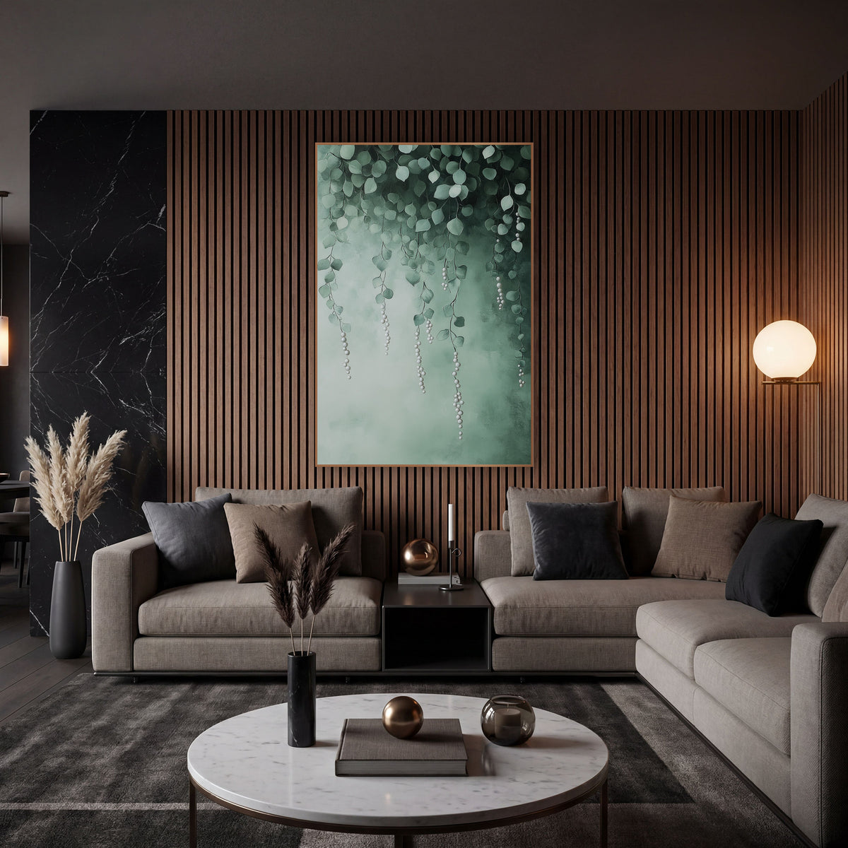 Cascading Pearl Vine Botanical Luxe wall art in an elegant modern room – hanging green vines with rounded leaves