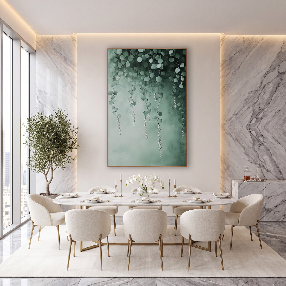 Cascading Pearl Vine Botanical Luxe wall art in an elegant modern room – hanging green vines with rounded leaves