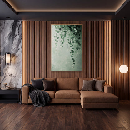 Sage Pearl Drops Eucalyptus Mural wall art in an elegant modern room – hanging strands of round sage and forest green
