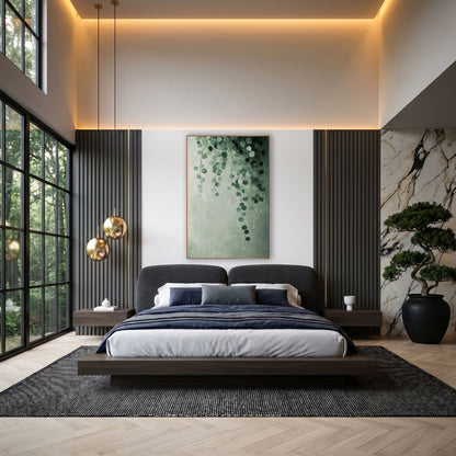 Sage Pearl Drops Eucalyptus Mural wall art in an elegant modern room – hanging strands of round sage and forest green
