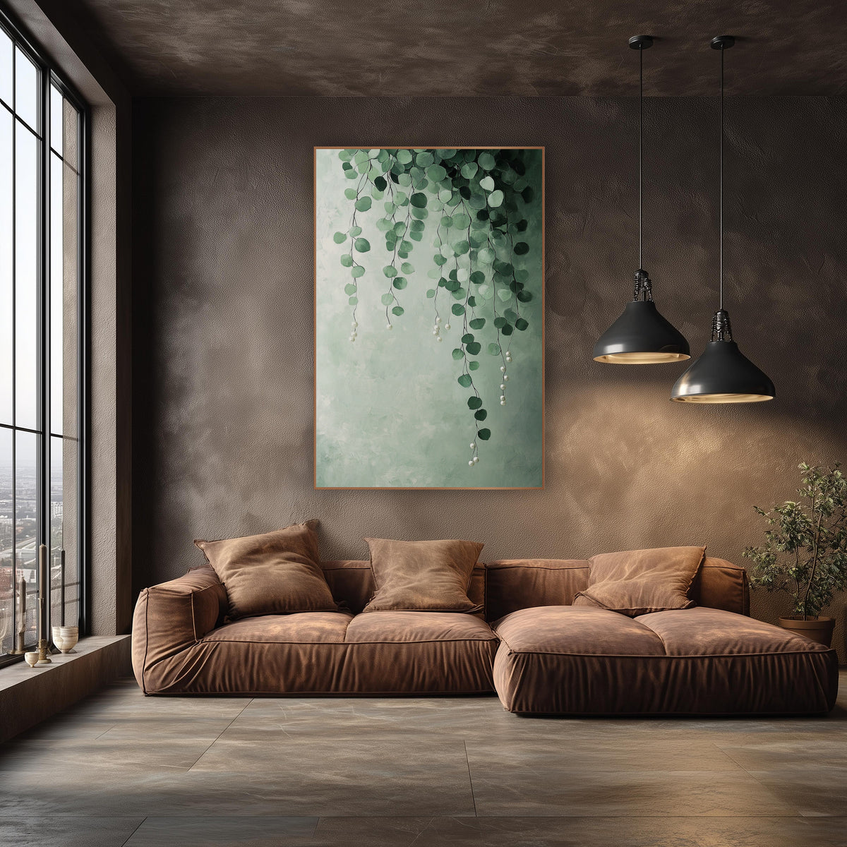 Sage Pearl Drops Eucalyptus Mural wall art in an elegant modern room – hanging strands of round sage and forest green