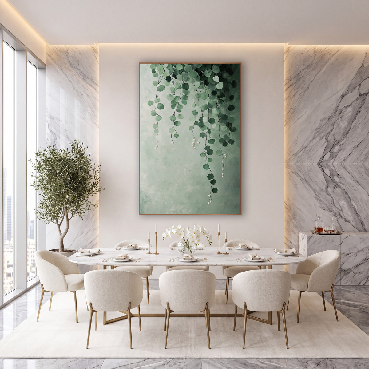 Sage Pearl Drops Eucalyptus Mural wall art in an elegant modern room – hanging strands of round sage and forest green