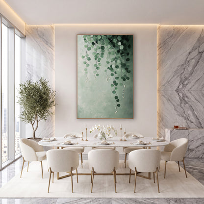 Sage Pearl Drops Eucalyptus Mural wall art in an elegant modern room – hanging strands of round sage and forest green
