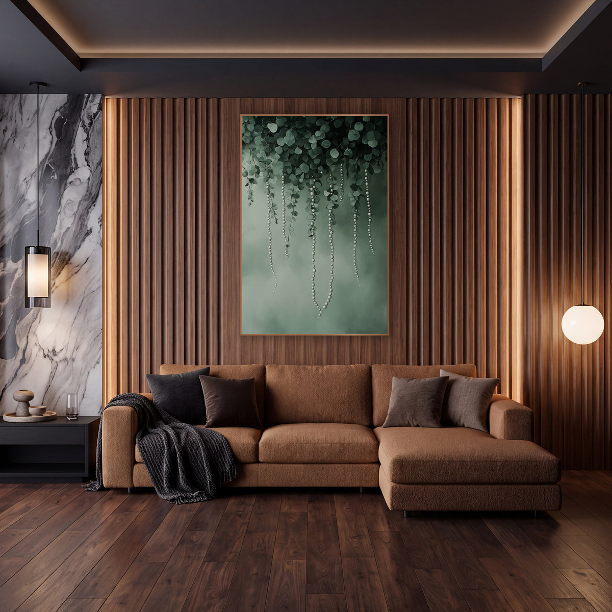 Hanging Pearl Strands Eucalyptus Botanical wall art in an elegant modern room – round green leaves with hanging