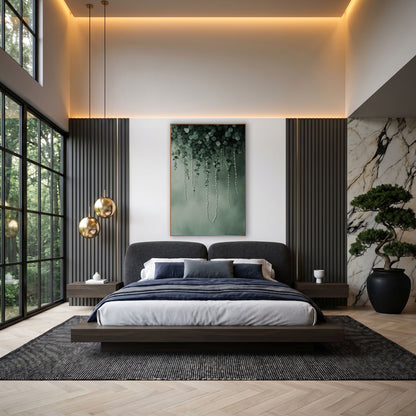 Hanging Pearl Strands Eucalyptus Botanical wall art in an elegant modern room – round green leaves with hanging