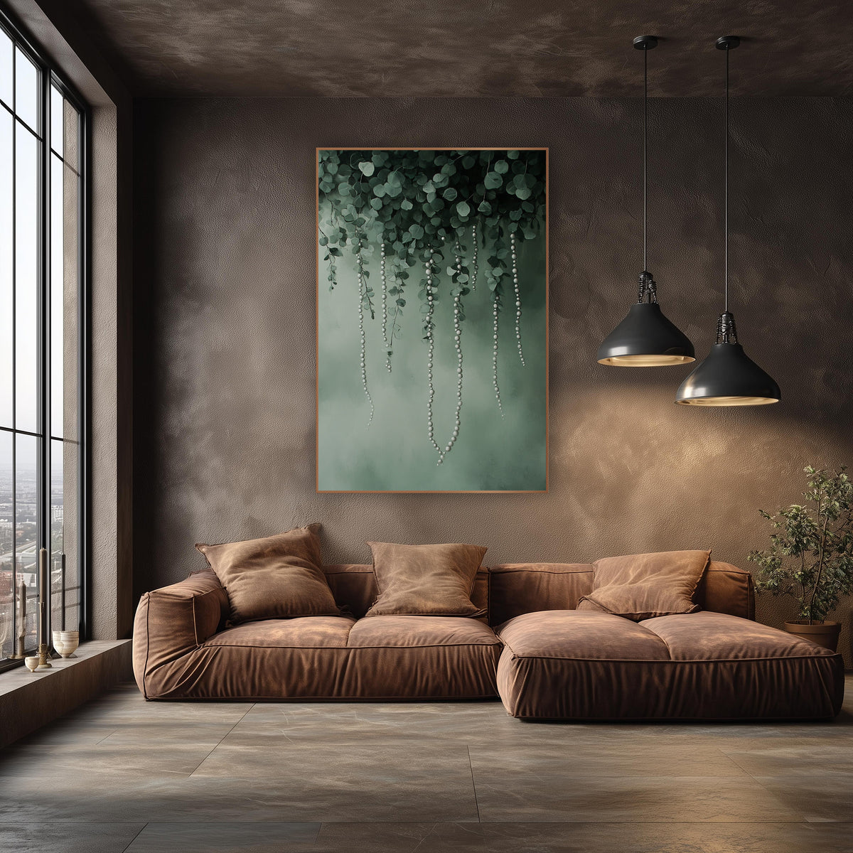 Hanging Pearl Strands Eucalyptus Botanical wall art in an elegant modern room – round green leaves with hanging