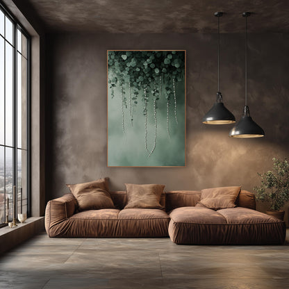 Hanging Pearl Strands Eucalyptus Botanical wall art in an elegant modern room – round green leaves with hanging